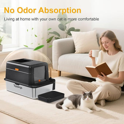 Enclosed Stainless Steel Litter Box with Lid, 20L Metal Enclosed Litter Box for Big Cat, Flip-Top Design with Anti-Leakage High Sides, Cat Lovers Gifts（Black）