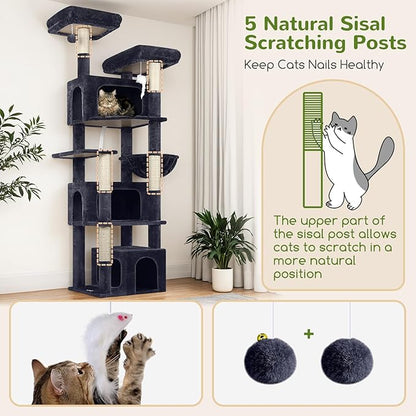 Globlazer Sturdy Cat Tree for Large Cats, 77 inch Large Cat Climbing Tower for Indoor Adult Cats, Cat Scratching Tower with 5 Scratching Posts, 3 Cat Condos, 2 Top Perches, S77, Dark Grey