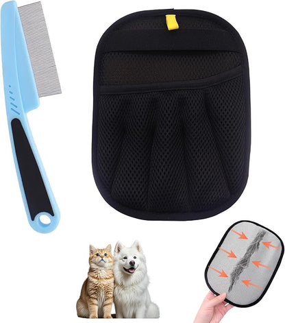 Electrostatic Pet Hair Remover Glove, Reusable Pet Hair Removal Glove for Dog & Cat Grooming, Double Sided Static Pet Hair Fur Remover Gloves for Clothing, Couch, Car Seat (2 gloves+1 flea comb)