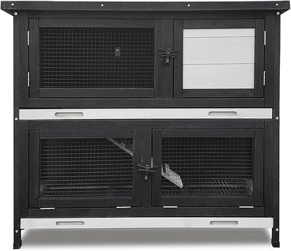 Double Level Solid Wood Rabbit Hutch Small Animal Cage for Rabbits, Guinea Pigs, Hedgehogs & Lizards Indoor/Outdoor– 2-Tier Eco-Friendly Habitat with Bedding Area, Durable & Easy to Clean