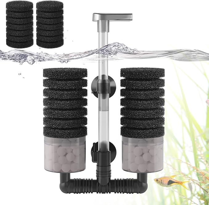 Air Powered Aquarium Sponge Filter with Biochemical Sponge and Ceramic Balls, Quiet Submersible Fish Tank Filter for 8-20Gallon (M-6.7in)