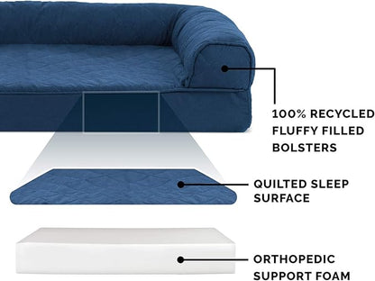 Furhaven Orthopedic Dog Bed for Large Dogs w/ Removable Bolsters & Washable Cover, For Dogs Up to 125 lbs - Quilted Sofa - Navy (Blue), Jumbo Plus/XXL