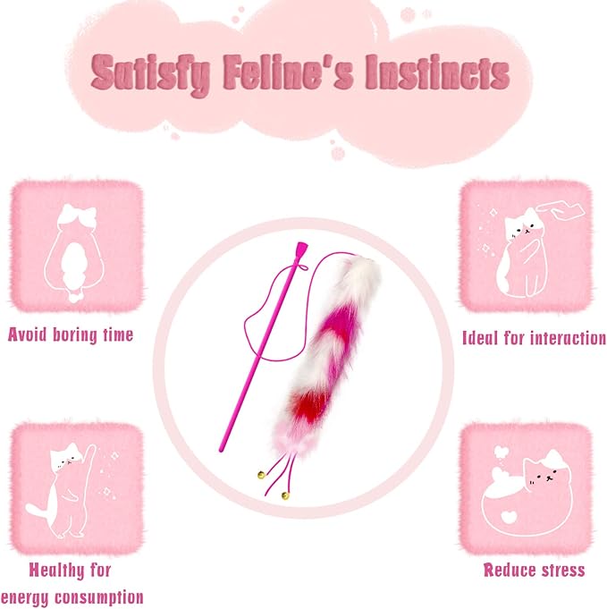 3 Pack Cat Wand Toy, Rainbow Cat Feather Toys with Bells, Teaser Wand with Soft Furry Tail, Interactive Toys for Indoor Cats & Kitten & Kitty