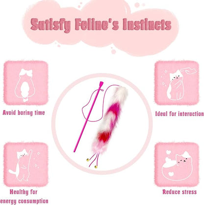 3 Pack Cat Wand Toy, Rainbow Cat Feather Toys with Bells, Teaser Wand with Soft Furry Tail, Interactive Toys for Indoor Cats & Kitten & Kitty