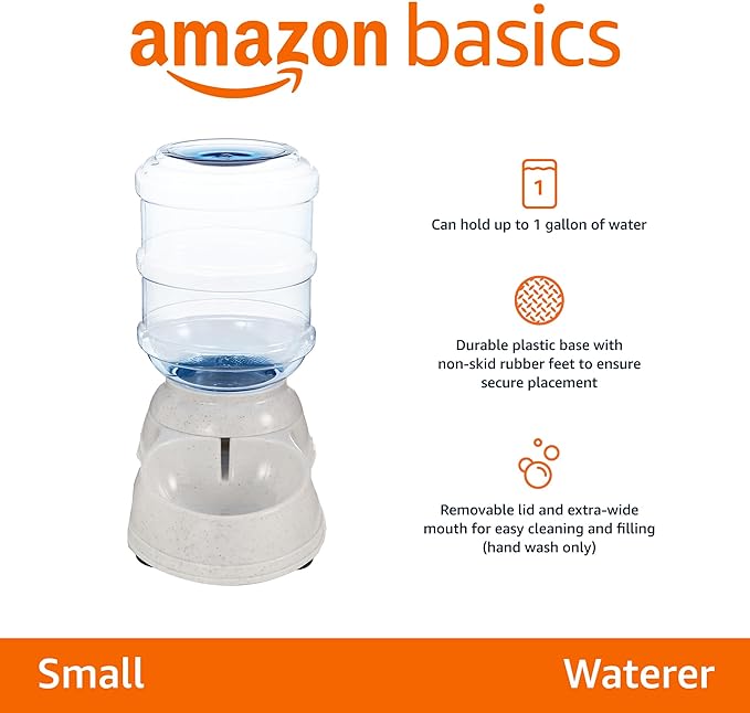 Amazon Basics Gravity Pet Water Dispenser for Cat, Dog, 1 gallon Capacity, Small, Gray
