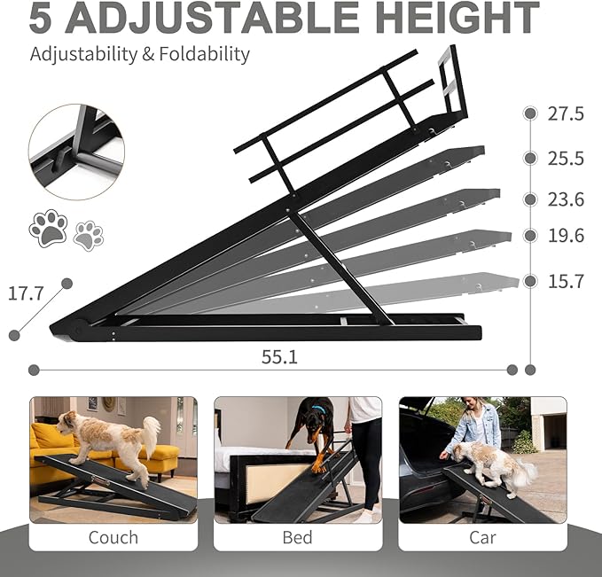 ABORON Dog Ramp,Adjustable Folding Pet Ramp for Bed,Couch,SUV - High Traction Portable Rubber Paw Ramps,Great for Small & Large Old Dogs & Cats, Supports up to 200 lbs,55''Long