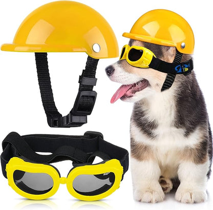 Frienda Dog Helmet and Goggles, UV Protection Doggy Sunglasses and 4 Inch Padded Puppy Motorcycle Helmet Adorable Dog Goggles with Adjustable Belt for Small Dogs Puppy Riding(Yellow,S)