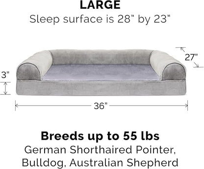 Furhaven Cooling Gel Dog Bed for Large/Medium Dogs w/ Removable Bolsters & Washable Cover, For Dogs Up to 55 lbs - Faux Fur & Velvet Sofa - Smoke Gray, Large