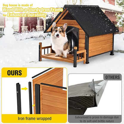 AIVITUVIN Outdoor Dog House Insulated Liner with Anti-Chewing Iron Surround Dog Kennel Dog Shelter Weatherproof (Brown, 45" D x 32.9" W x 32.6" H)