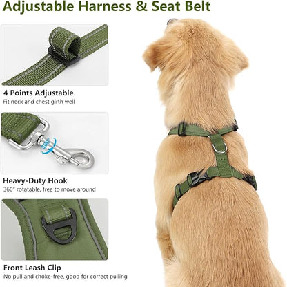 Dog Seat Belt Harness for Car, Dog Car Harness Adjustable Mesh Breathable & Dogs Seatbelt Safety Tether with Elastic Bungee for Small Medium Large Pets(Army Green, M)