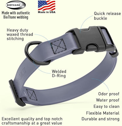 Dogline Biothane Waterproof Dog Collar with Quick Release Buckle Strong Coated Nylon Webbing with Odor- Proof for Easy Care Easy to Clean Fits Small Medium Large Dogs, Grey 1" W 15-25" L