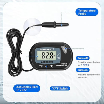 AQUANEAT 2 Pack Aquarium Thermometer, Fish Tank Thermometer, Digital Temperature Test, with Large LCD Display