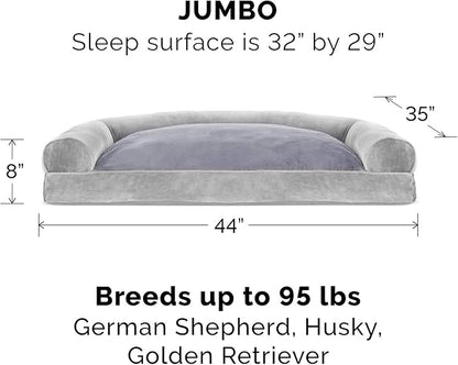 Furhaven Pillow Dog Bed for Large Dogs w/ Removable Bolsters & Washable Cover - Faux Fur & Velvet Sofa - Smoke Gray, Jumbo/XL