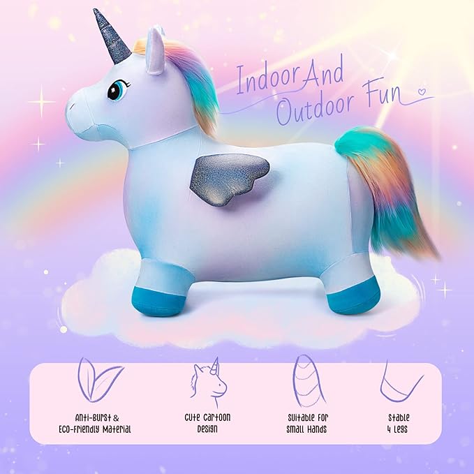 EVERICH TOY Unicorn Bouncy Horses Inflatable Plush Hopping Toy Bouncing Hopper Animals for Toddlers,Outdoor&Indoor Bouncy Animals for Toddlers,Gift for 18 Months 2 3 4 Year Old (W/Pump)