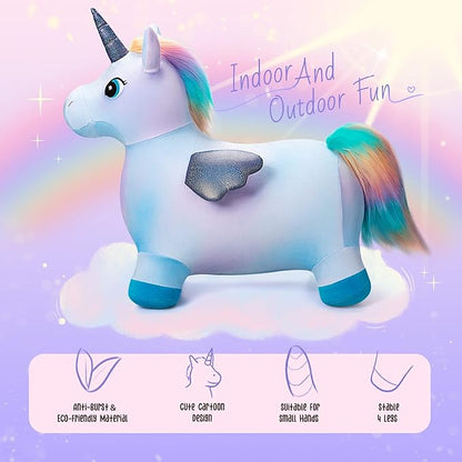 EVERICH TOY Unicorn Bouncy Horses Inflatable Plush Hopping Toy Bouncing Hopper Animals for Toddlers,Outdoor&Indoor Bouncy Animals for Toddlers,Gift for 18 Months 2 3 4 Year Old (W/Pump)