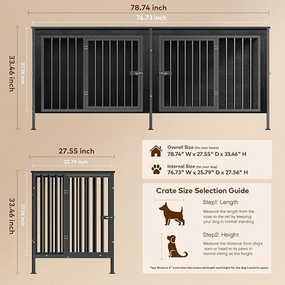 78 Inch Dog Cage Furniture for 2 Large/Medium Dogs with Removable Divider, Extra Large Double Doors Dog Kennel, XXL Thick Wooden Dog cage Furniture, Durable and Sturdy, Dark Grey