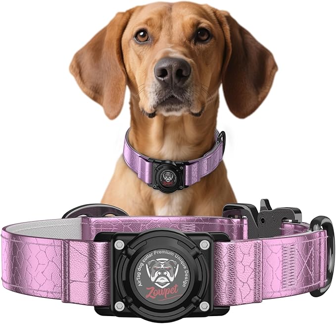 AirTag Dog Collar - Leather Dog Collar with Airtag Holder | IP68 Waterproof AirTag Holder with Metal Buckle, Comfortable GPS Dog Collars Tracker for Medium Large Dogs (Rose Gold, XL)