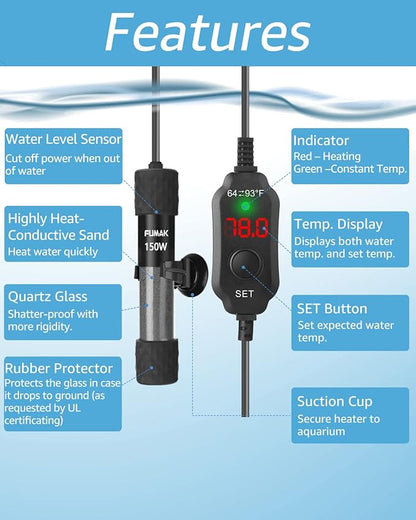150W Adjustable Aquarium Heater Super Short Submersible Fish Tank Heater Fish Heater with LED Digital Display Thermostat, for Tanks 15-30 Gallons