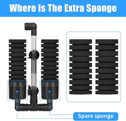AQUANEAT Aquarium Air Powered Sponge Filter with Ceramic Media Balls, for Betta Fry Shrimp Fish Tank, with 2 Spare Sponges, up to 40Gal