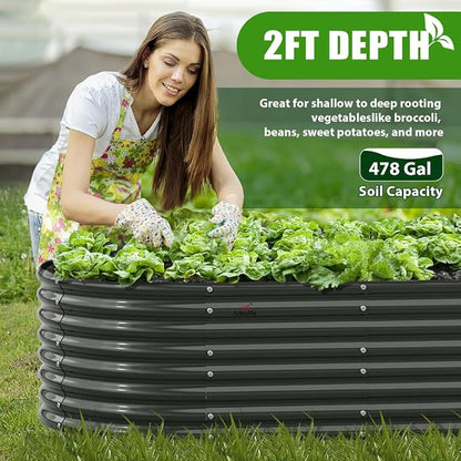 A ANLEOLIFE 8x4x2ft Galvanized Raised Garden Bed Kit, Oval Metal Deep Root Planters for Outdoor Plants Vegetables Flowers Herb, Large Bottomless, 478 Gallon Capacity- Quartz Grey
