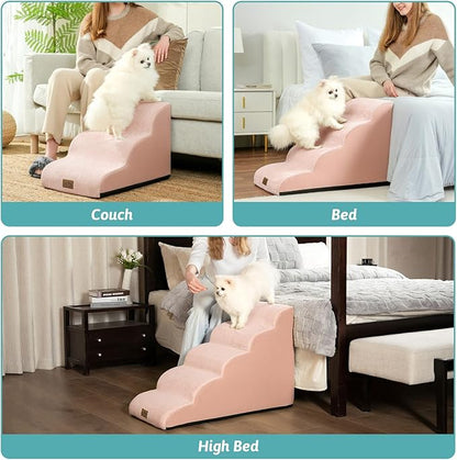 Dog Stairs for High Bed 22.6" H, Small Dog Step for Puppy, Older or Cat, Curved Ramp for Car, Ladder with High Density Foam, Lightweight, Durable, 15.7x33x22.6 inch, 5 Step, Pink