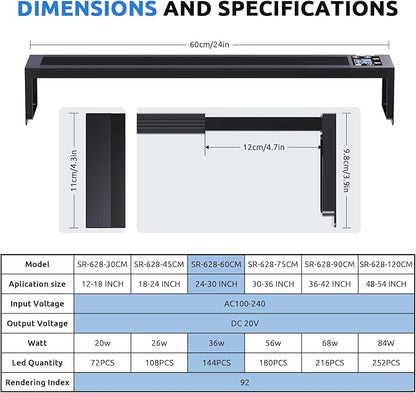 24/7 LED Aquarium Light for 24-30 Inch Fish Tank, Auto On Off with Timer, 9 Colors, Adjustable Brightness, Daylight & Moonlight Mode, Full Spectrum Fish Tank Light for Plants, 36W