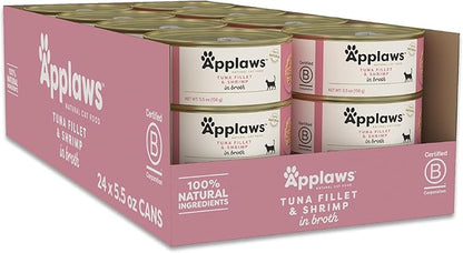 Applaws Natural Wet Cat Food in Broth, Limited Ingredient Canned Wet Cat Food, No Additives, Made with Natural Ingredients, Tuna Fillet & Shrimp in Broth (6 x 5.5oz Cans)