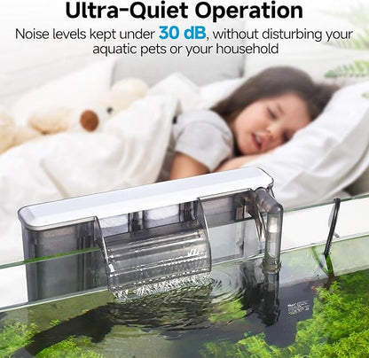 AQQA Quiet 30-50 Gallon Fish Tank Filters - Auto Start Hang on Back Aquarium Filter, Adjustable Flow, Deodorization Decontamination Filter System AQ168 (8W 200GPH)