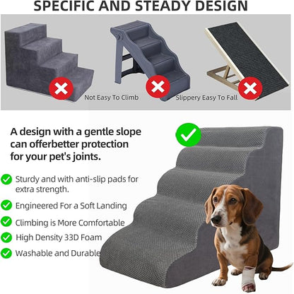 5 Step Pet Stairs Ramp for High Beds Sofas 5-30 Inch with Sturdy Non Slip Waterproof Pads, Machine Washable Cover Indoor Balanced Design for Cats Dogs Small Medium Large XL Pets Grey (Grey, Large, 1)