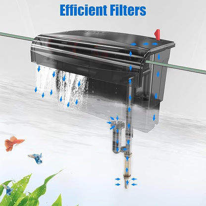 AQQA Aquarium Filter 20-50 Gallon Fish Tank Filters with Double Waterfall, Hang on Back Aquarium Filter with Bio-Wheel Power, Adjustable Flow, Quiet Efficient and Silent Operation (10W 125 GPH)