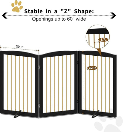 Freestanding Pet Gate for Dogs, Foldable Wooden Dog Gate for House Indoor, Step Over Pet Puppy Safety Fence for Stair, Doorway,Hall, Support Feet Included,3 Panels 32",Black&Gold