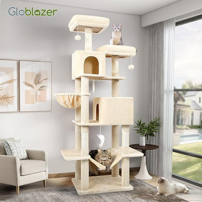 Globlazer Cat Tree Tower, 76-Inch Extra Tall Multi-Level Cat Furniture with Cozy Condos, Hammock and Perches for Adult Cats, Perfect for Climbing, Scratching, and Play, F76, Beige