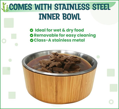 Elevated Dog Bowls for Large Breed - (15-Inch Tall, 74-oz Cap), Deter Ants and Bugs - Raised Single Feeder, Suitable for Dry and Wet Pet Foods - Bamboo with Stainless Steel Dish