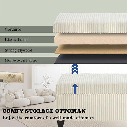 48" Ottoman with Storage, Corduroy Storage Ottoman Bench for Bedroom, End of Bed Bench with Safety Hinge for Living Room, Bedroom, Entryway, White