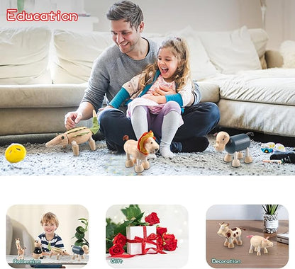 12PCS Bendable Wooden Animal Toys, Fun and Posable Animal Toys for Early Education, Smooth Natural Wood, Safari Farm Wood Animals Learning Toy for Kids