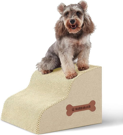 Dog Stairs for Small Dogs and Cats, 2 Steps Pet Stairs to Get on Couch Sofa and Chair, Indoor Non-Slip Balanced Portable Pet Step, High-Density Foam Ramp with Removable Washable Cover, Beige（11.8" H）