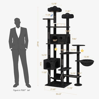 85inch Giant Cat Tree for Heavy Duty Big Cats, Multi-Level Luxury Cat Tower with Scratching Post, Cat Condo with Hammocks & Plush Perches for Indoor Cats Large Adult, Black
