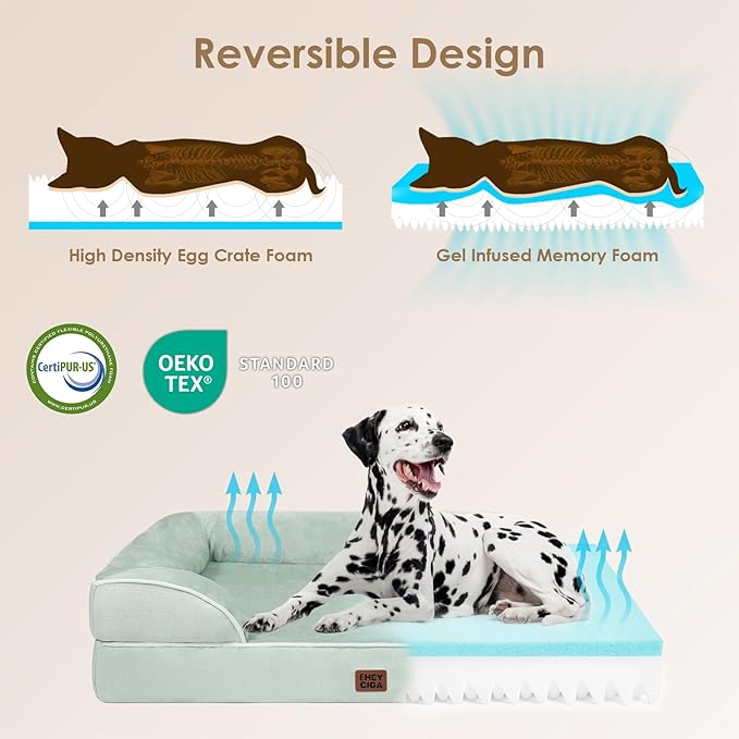 EHEYCIGA Orthopedic Dog Beds for Extra Large Dogs, Waterproof Memory Foam XXL Dog Bed with Sides, Non-Slip Bottom and Egg-Crate Foam Big Pet Couch Bed with Washable Removable Cover, Sage Green