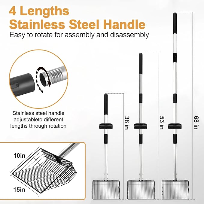 15" Chicken Poop Scooper & Rake, Metal Chicken Coop Scoop for Poop with 24 to 68" Adjustable Stainless Steel Handle, Litter Scooper Sifting Shovel Chicken Coop Accessories