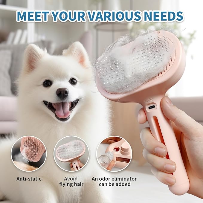 3-in-1 Self-Cleaning Steam Brush - Anti-Static, for Grooming Long & Short Pet Hair, Reduces Shedding, Pink