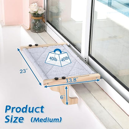 Easy Seat Cat Perch for Window Sill - Hammock Design w/Pine Wood & Robust Metal Frame - Cat Window Seat for Large Cats and Kittens (Natural Color Wood w/Gray Bed, Medium (23''W x 14''D))