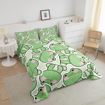 Cute Frog Comforter Set King Size, Kawaii Frog Bedding Set For Kids Boys Girls Teens, Green Wild Animals Farmhouse Down Comforter, Wildlife Rustic Funny 3Pcs Quilted Duvet All Season Bedroom Decor