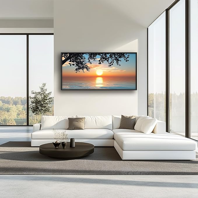Framed Large Lake Sunset Wall Art, Oversized Natural Landscape Wall Decor for Living Room, Tree Leaves Canvas Painting Pictures Home Decoration for Living Room Bedroom Office 60"x30"