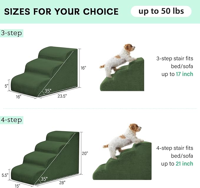 Dog Steps for Small Dogs, 3-Step Pet Ramp Stairs for High Beds and Sofa, Non-Slip Pet Stairs for Small Dogs and Cats, Removable and Easy to Clean Cover, Green