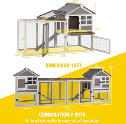Aivituvin Large Rabbit Hutch Indoor Bunny Cage Outdoor with Run Chicken Coop Guinea Pig House with Waterproof Asphalt Roof,No Leakage Pull Out Tray (103.2" L x 25.2" W x 36.2" H,Brown-2 Sets)