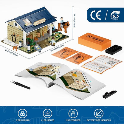 FUNWHOLE Farm Horse-Stable Lighting-Building-Bricks Set - Farm Life Horse Animals Cabin Collection LED Light Cottage Model Display Set 973 Pcs for Adults and Teen