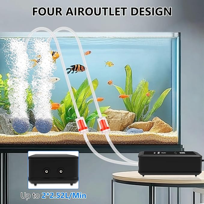 fishkeeper Aquarium Air Pump, 8W 130GPH Dual Outlet Fish Tank Air Pump with Adjustable Airflow Ultra-Quiet Oxygen Aerator Pump with Air Stone Bubbler for 10-120 Gallon Fish Tank