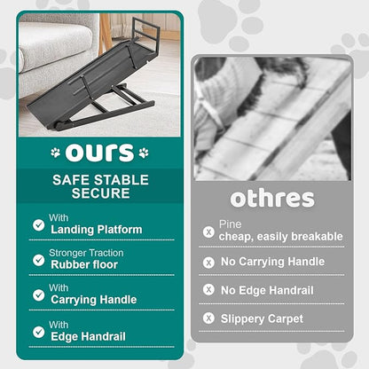 Dog Ramp for Bed, Adjustable Pet Ramps for Dog to Get on Bed, Non-Slip Rubber Surface - Folding Wooden Dog Ramp for Small/Large/Old Dogs, Adjustable up to 23.5 inch High Beds, Safety Railings
