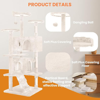 54.7 inches Cat Tower for Indoor Cats, Multi-Level Cat Condos with Scratching Posts, Hanging Toys, Beige