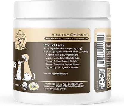 Fera Pets Mushroom Supplement for Dogs & Cats with Turkey Tail - USDA Organic - Cognitive and Immune Support - Enhances Liver Function - Supports a Healthy Gut - Powder - 120 Scoops
